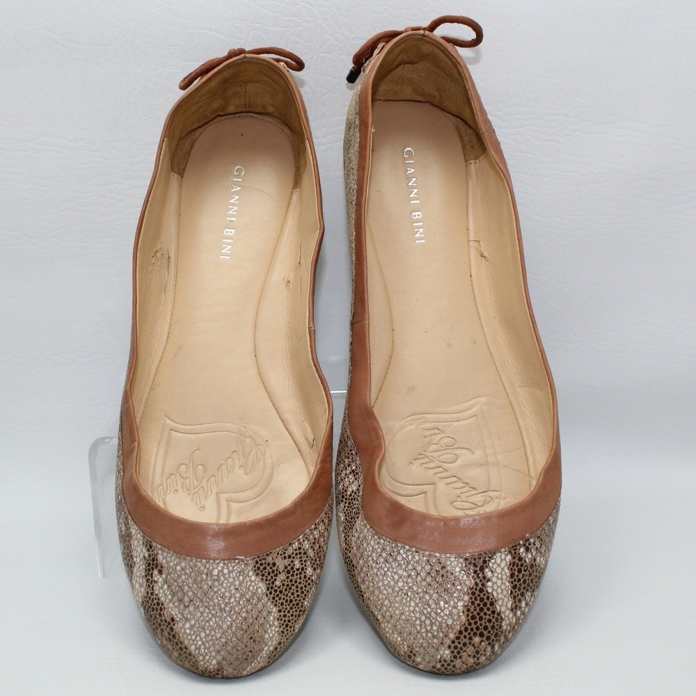 Gianni Bini Womens Snakeskin Print Ballet Flats Leather Lace Up Heel Bow 10M
